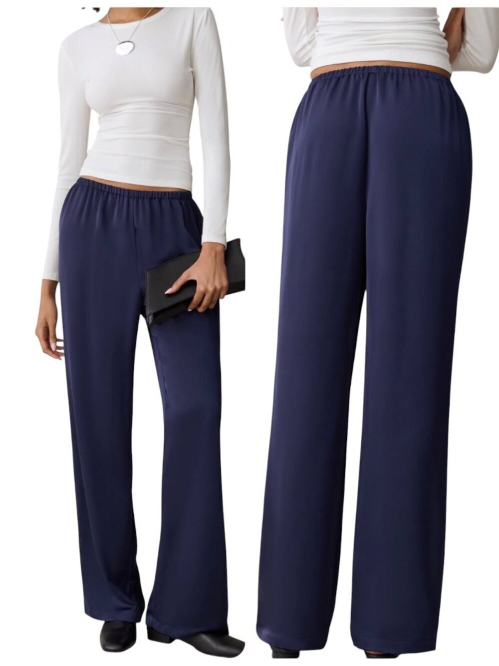 Kourt Ivanna Navy Satin Wide Leg Pants NWT Small Elastic Waist